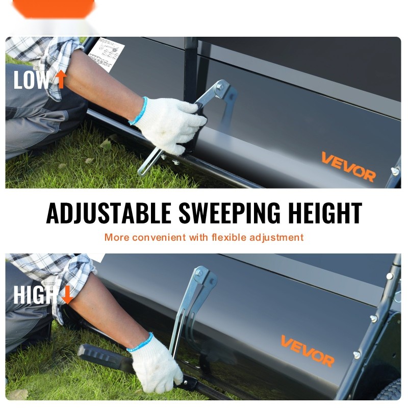 Vedettävä nurmikon harava 127 cm suuri keräyspussi säädettävä harjauskorkeus