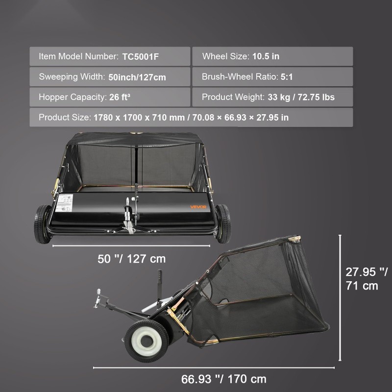 Vedettävä nurmikon harava 127 cm suuri keräyspussi säädettävä harjauskorkeus