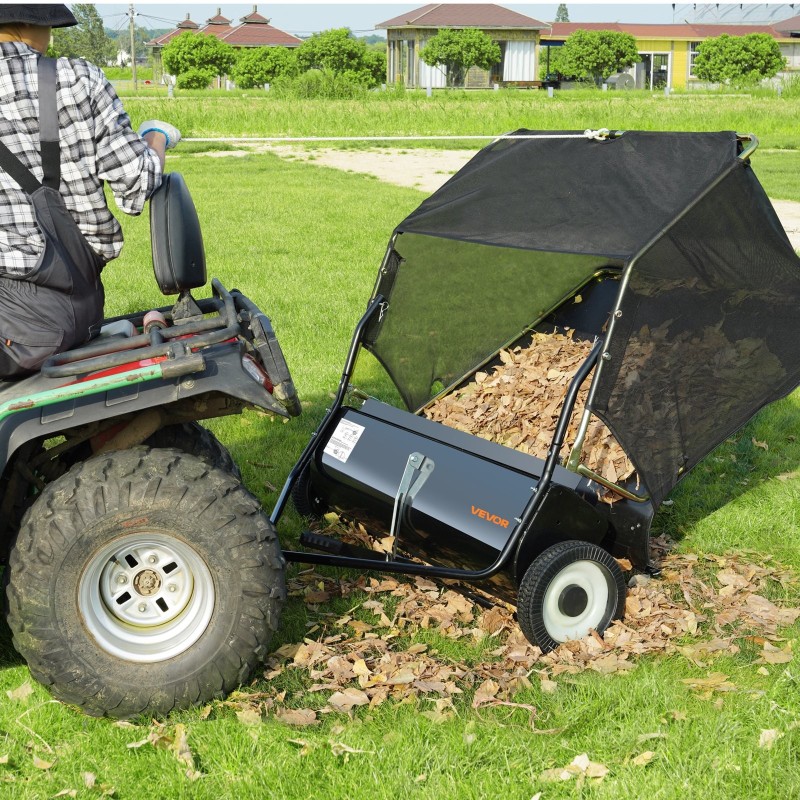 Vedettävä nurmikon harava 127 cm suuri keräyspussi säädettävä harjauskorkeus