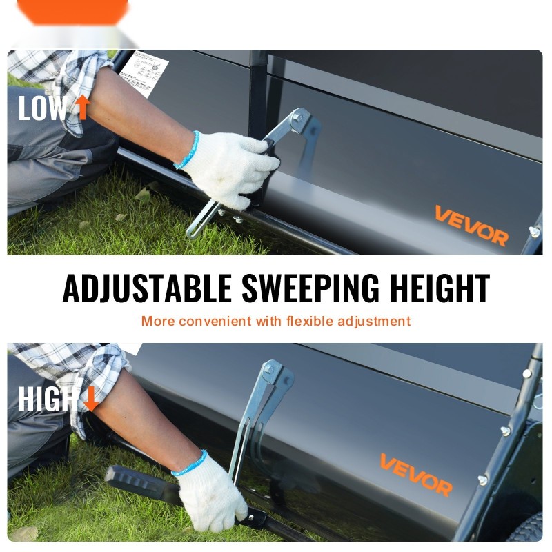 Hinattava nurmikkoharava 44 tuumaa 25 kuutiojalkaa keräyspussi säädettävä harjakorkeus