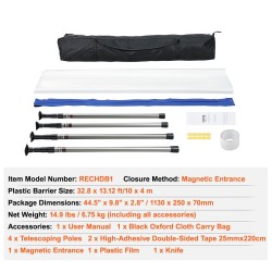 Pölysulkusysteemi PE-muovi 0,08mm 10m leveä 4m korkea 4 teleskooppipylvästä magneettivetoketju