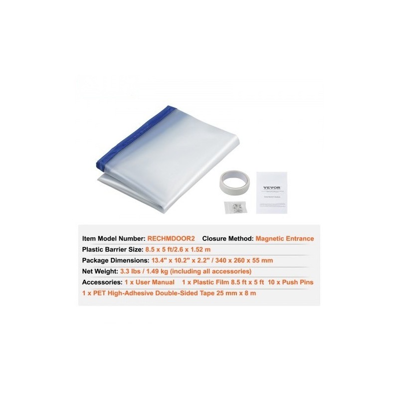 Pölysulkuseinä polyeteeni 2,6 x 1,52 m läpinäkyvällä magneettisella oviaukolla