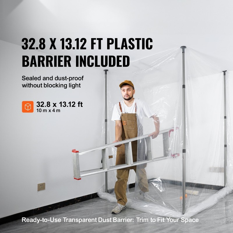 Pölyestejärjestelmä 10 x 4 m 0.08 mm PE-muovi 4 säädettävällä alumiinitangolla