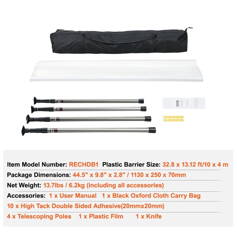 Pölyestejärjestelmä 10 x 4 m 0.08 mm PE-muovi 4 säädettävällä alumiinitangolla