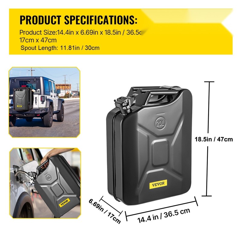 Jerrykannu teräksinen 20 L joustavalla kaatonokalla tiivis lukitus musta