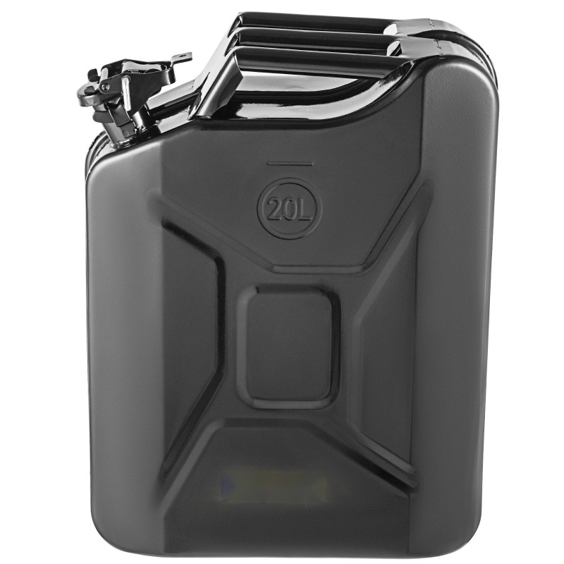 Jerrykannu teräksinen 20 L joustavalla kaatonokalla tiivis lukitus musta