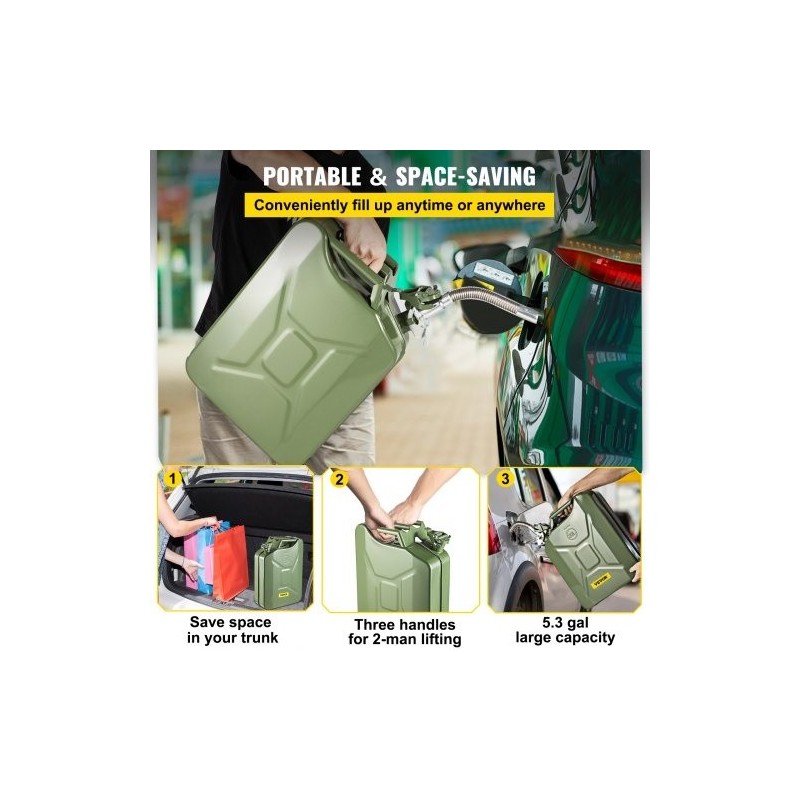 Teräksinen 20 L bensakanisteri ruosteenkestävä lämpöä kestävä joustavalla kaatonokalla vihreä