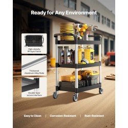 Apukärry muovinen kolmitasoinen 136 kilogramman kantavuudella 360 asteen kääntyvät pyörät kahdella jarrulla