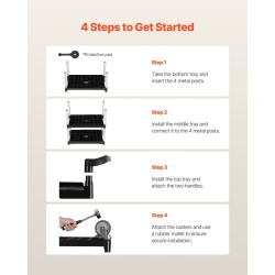 Apukärry muovinen kolmitasoinen 136 kilogramman kantavuudella 360 asteen kääntyvät pyörät kahdella jarrulla