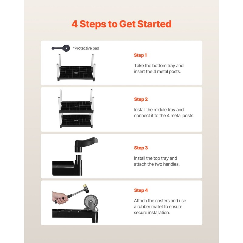 Apukärry muovinen kolmitasoinen 136 kilogramman kantavuudella 360 asteen kääntyvät pyörät kahdella jarrulla