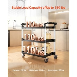 Muovinen 3-tasoinen apukärry kantavuus 226 kg 360 asteen kääntyvät pyörät 2 jarrua