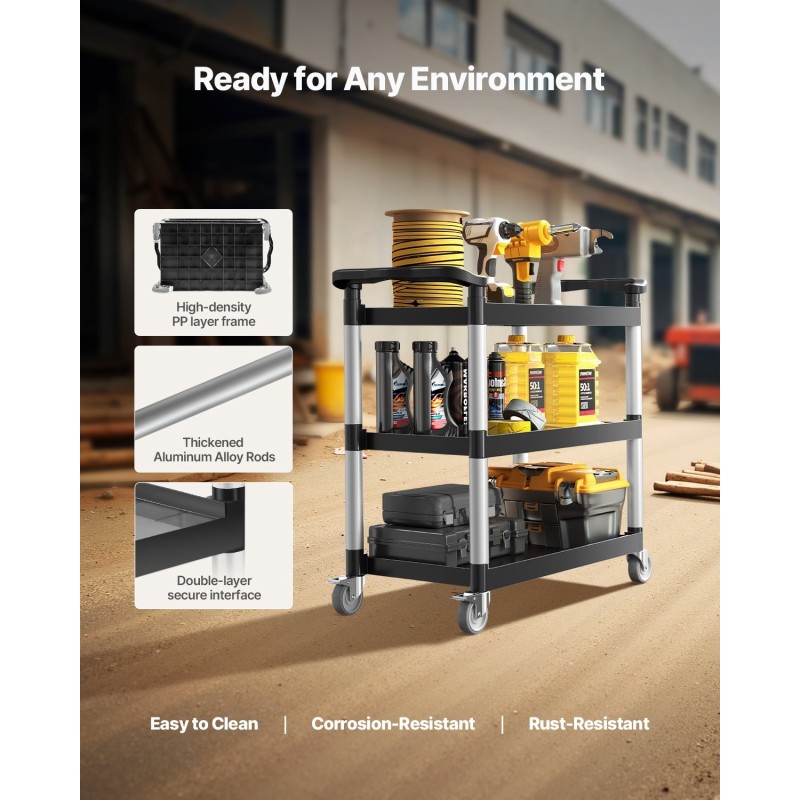 Muovinen 3-tasoinen apukärry kantavuus 226 kg 360 asteen kääntyvät pyörät 2 jarrua