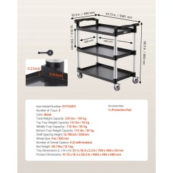 Muovinen 3-tasoinen apukärry kantavuus 226 kg 360 asteen kääntyvät pyörät 2 jarrua