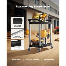 Käyttövaunu kaksitasoinen muovinen 136 kg kantavuus 4 kääntyvää pyörää 2 jarrulla