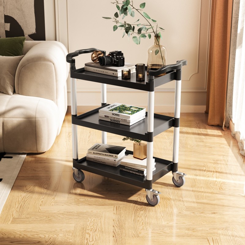 Käyttövaunu kaksitasoinen muovinen 136 kg kantavuus 4 kääntyvää pyörää 2 jarrulla