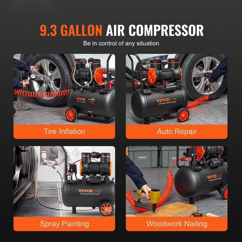 Ilmakompressori öljytön 35,2 litran säiliö 1800 wattia käyntiääni 70 desibeliä pyörillä