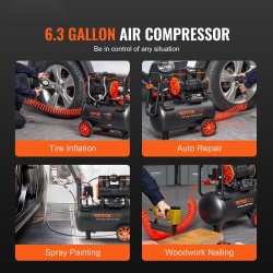 Öljytön ilmakompressori 24 litran säiliö 1450 wattia 70 desibeliä siirrettävä pyörillä