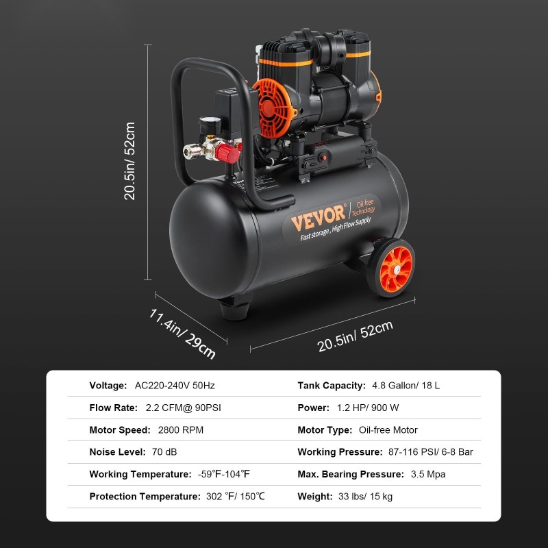 Ilmakompressori öljytön 18,2 l 900 W työpaine 6-8 bar melutaso 70 dB