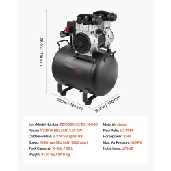 Vaakasuuntainen ilmakompressori terässäiliö 40 L 2 hv öljytön suurin paine 125 PSI