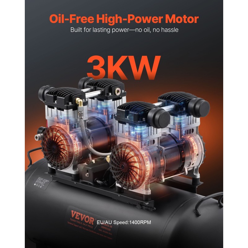 Vaakasuuntainen öljytön ilmakompressori 75 litran terässäiliöllä 4 hv