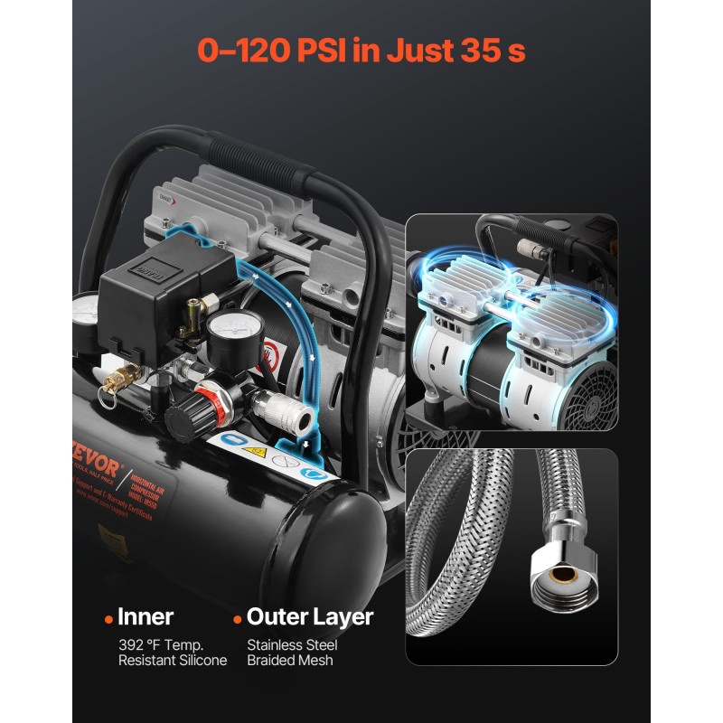 Öljytön teräksinen ilmakompressori 4 l 1 hv 7 bar renkaiden täyttöön