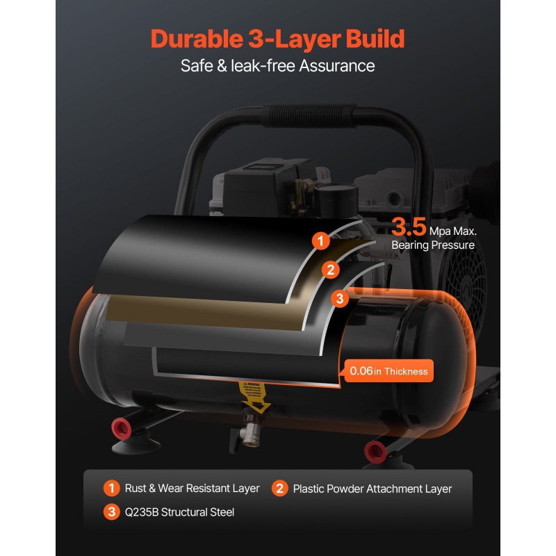 Öljytön teräksinen ilmakompressori 4 l 1 hv 7 bar renkaiden täyttöön
