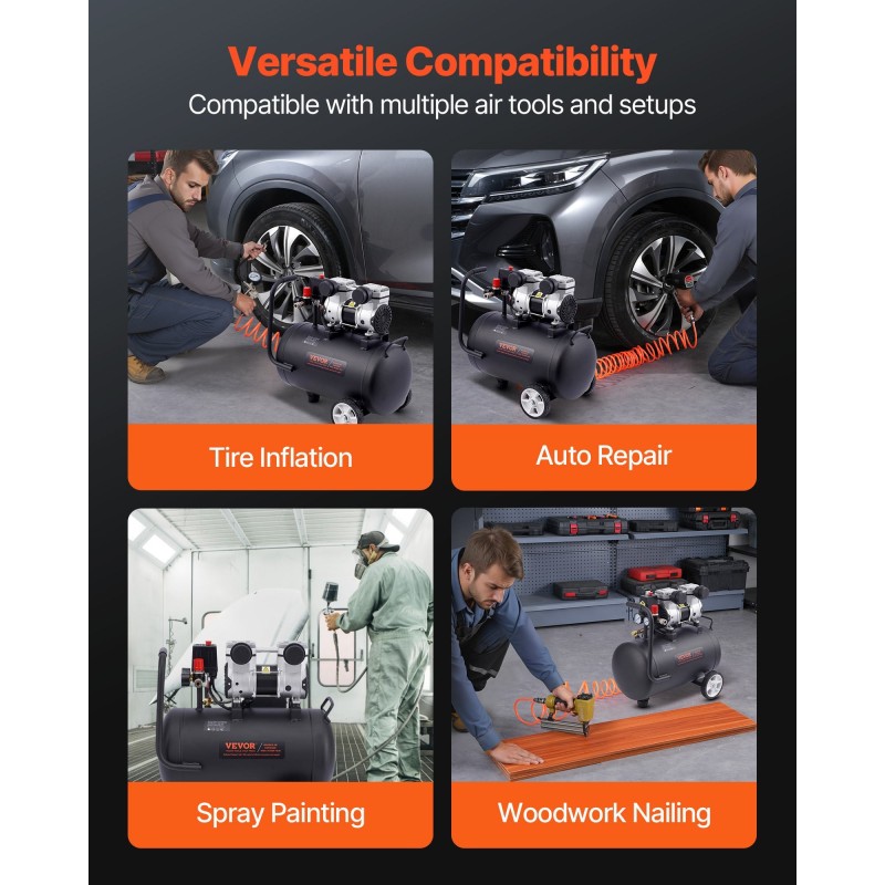 Öljytön ilmakompressori 30 l terässäiliö 1 hv hiljainen pyörillä