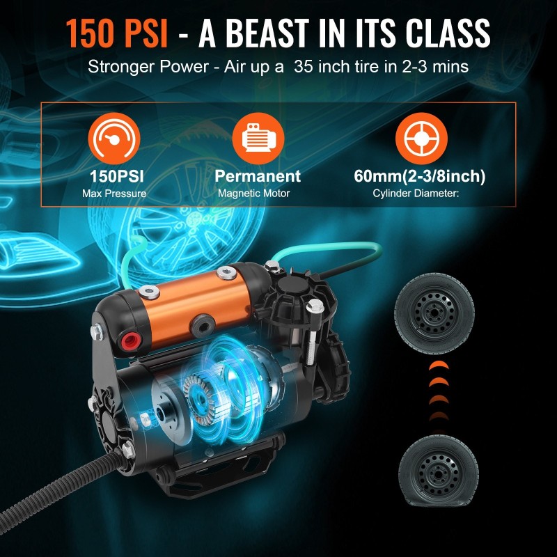 Ilmakompressori 12 V ajoneuvoon asennettava 150 PSI 100 l/min renkaiden täyttöön maastoajoneuvoille