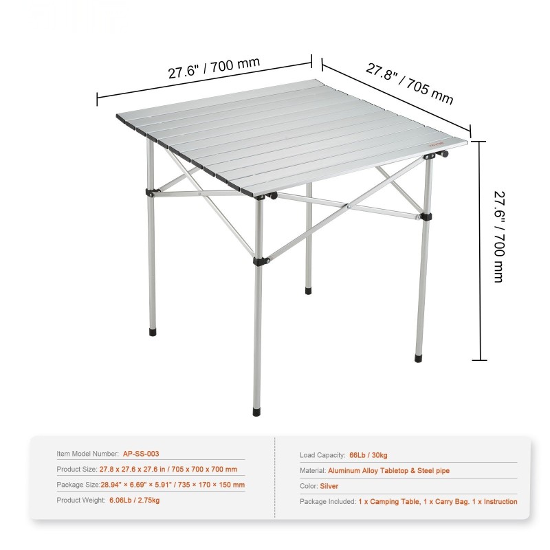 Kokoontaitettava retkipöytä alumiinipöytätaso teräsputkirunko 705x700 mm ulkokäyttöön