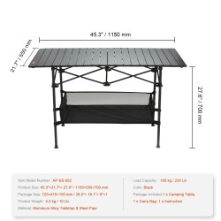 Kokoontaitettava retkipöytä alumiinilevy teräsrunko 610x405 mm 100 kg kantavuus