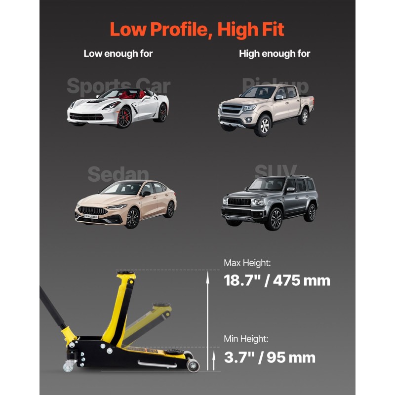 Matalaprofiilinen tunkki alumiini ja teräs 2,5 t kaksoispumpulla 95–475 mm