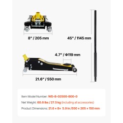 Matalaprofiilinen tunkki alumiini ja teräs 2,5 t kaksoispumpulla 95–475 mm
