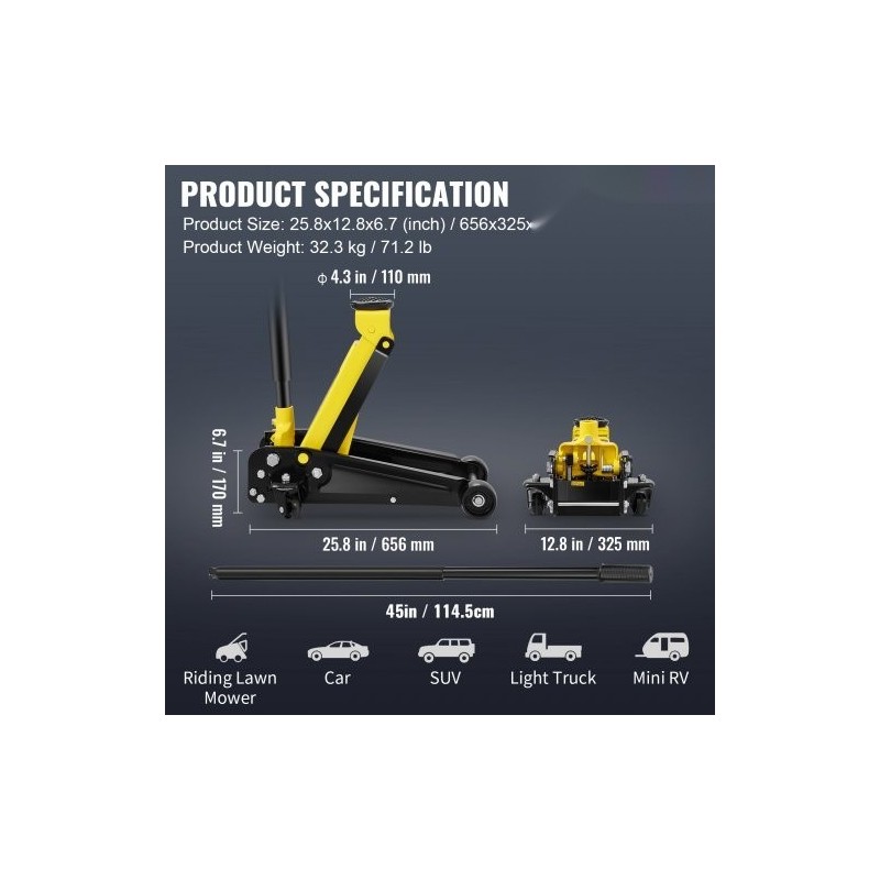 Matalaprofiilinen terästunkki 3 t nostokapasiteetti 130–508 mm nostokorkeus yksimäntäinen pikanostopumppu