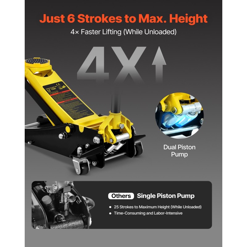 Matalaprofiilinen teräksinen hallitunkki 3 tonnia kaksimäntäinen hydraulipumppu nostokorkeus 75–495 mm laakeripyörillä