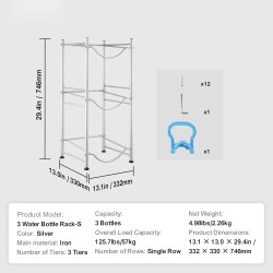 Vesikanisteriteline rautainen 3-tasoinen yksirivinen kolmelle pullolle hopeanvärinen