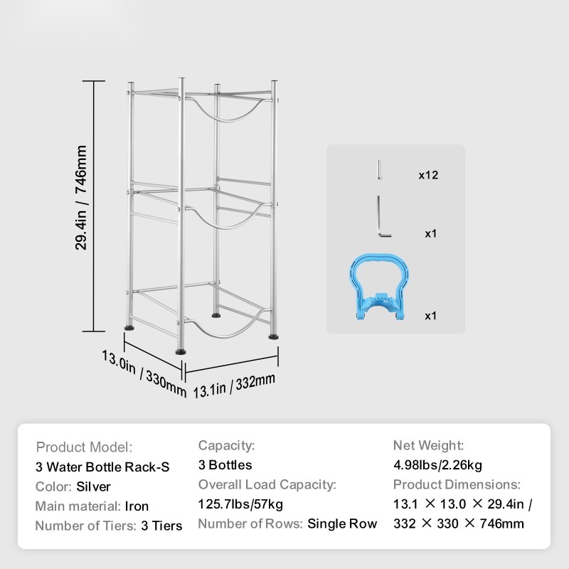 Vesikanisteriteline rautainen 3-tasoinen yksirivinen kolmelle pullolle hopeanvärinen