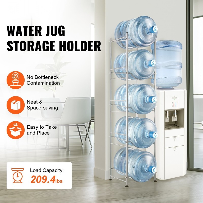 Vesikanisteriteline rautainen viisi tasoa viidelle kanisterille yksirivinen säädettävillä jaloilla ruosteenkestävä pinta hopea