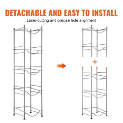 Vesikanisteriteline rautainen viisi tasoa viidelle kanisterille yksirivinen säädettävillä jaloilla ruosteenkestävä pinta hopea