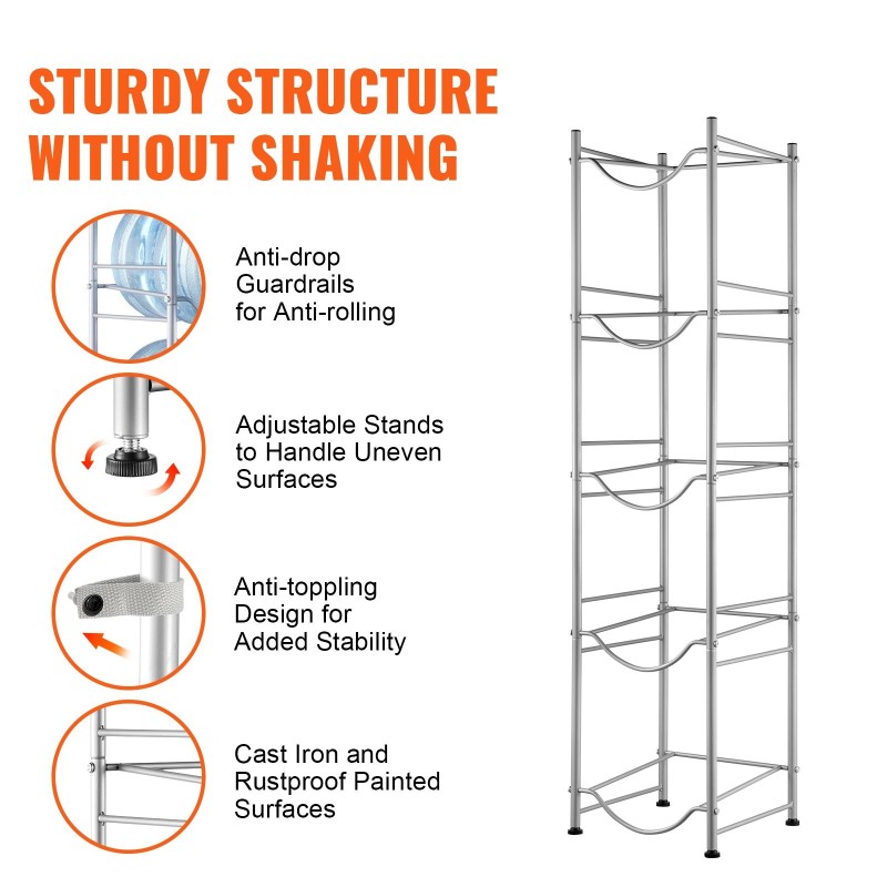 Vesikanisteriteline rautainen viisi tasoa viidelle kanisterille yksirivinen säädettävillä jaloilla ruosteenkestävä pinta hopea