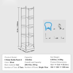 Vesikanisteriteline rautainen viisi tasoa viidelle kanisterille yksirivinen säädettävillä jaloilla ruosteenkestävä pinta hopea