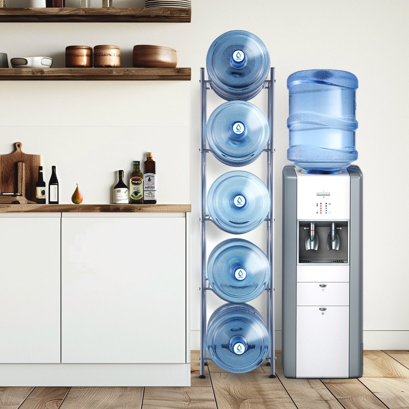 Vesikanisteriteline rautainen viisi tasoa viidelle kanisterille yksirivinen säädettävillä jaloilla ruosteenkestävä pinta hopea