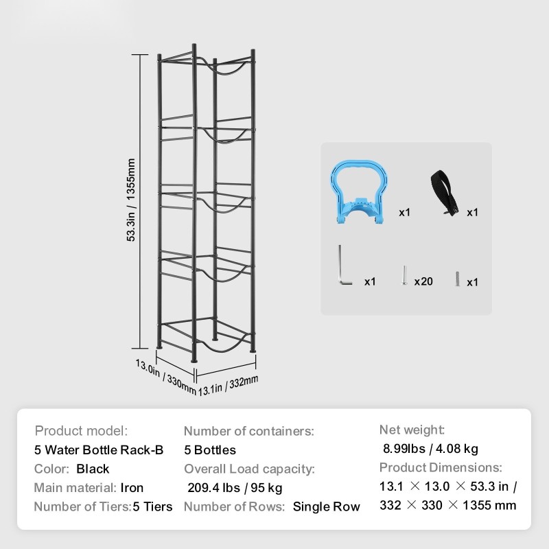 Vesipulloteline rautainen 5-tasoinen yksirivinen 5 pullolle musta