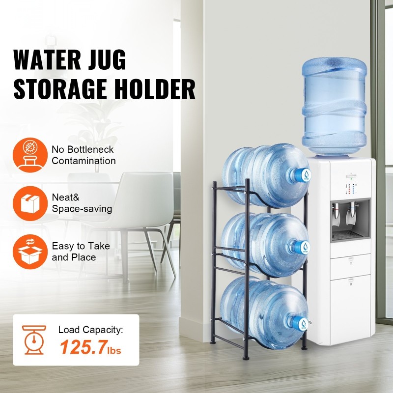 Rautainen kolmitasoinen yksirivinen vesipulloteline 5 gallonin pulloille 3 pulloa musta