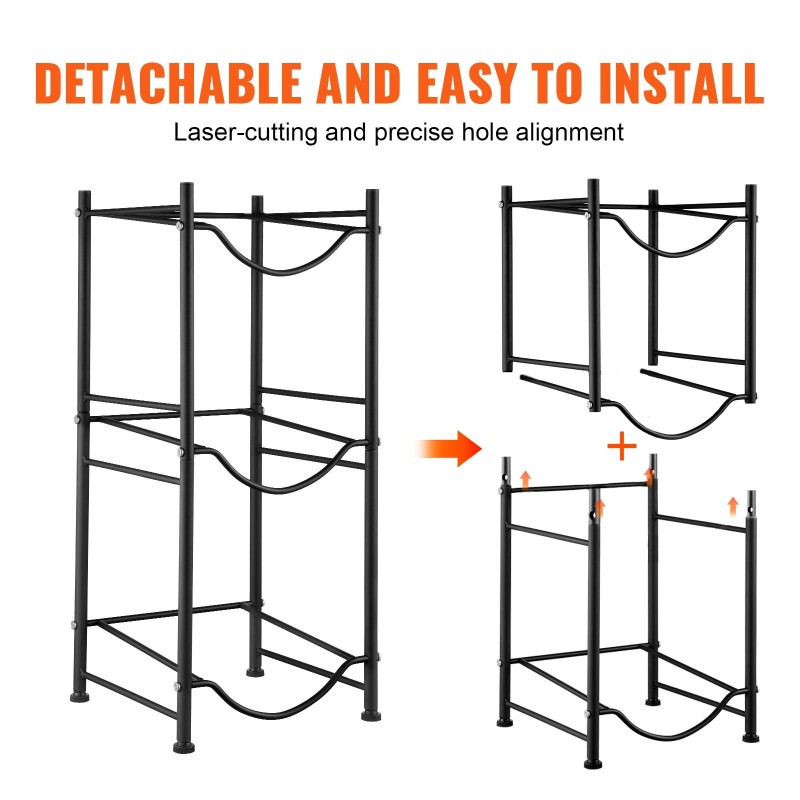 Rautainen kolmitasoinen yksirivinen vesipulloteline 5 gallonin pulloille 3 pulloa musta