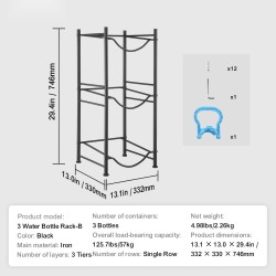 Rautainen kolmitasoinen yksirivinen vesipulloteline 5 gallonin pulloille 3 pulloa musta