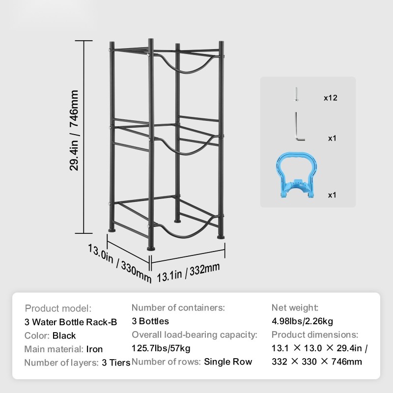 Rautainen kolmitasoinen yksirivinen vesipulloteline 5 gallonin pulloille 3 pulloa musta