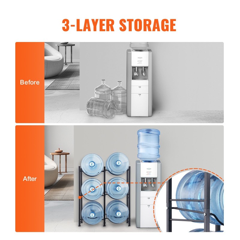 Rautainen kolmitasoinen kaksirivinen vesipulloteline kuudelle pullolle musta