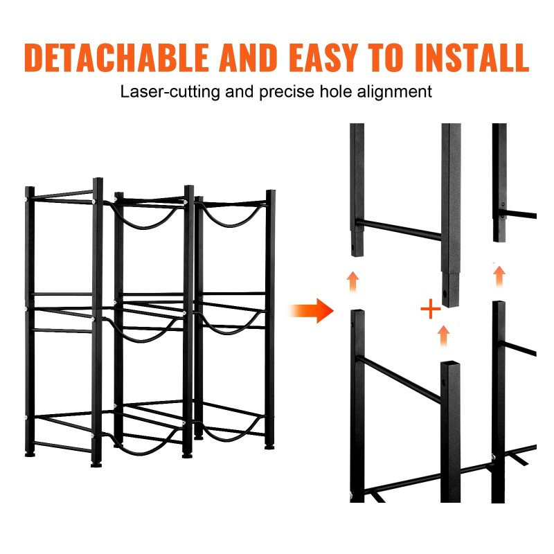 Rautainen kolmitasoinen kaksirivinen vesipulloteline kuudelle pullolle musta