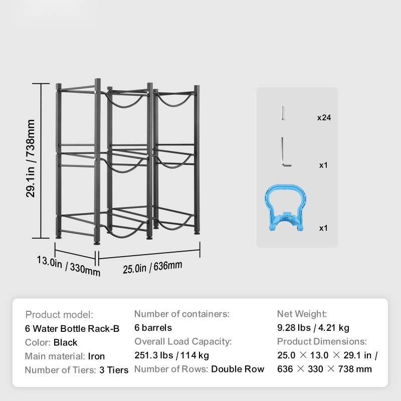 Rautainen kolmitasoinen kaksirivinen vesipulloteline kuudelle pullolle musta