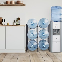 Rautainen kolmitasoinen kaksirivinen vesipulloteline kuudelle pullolle musta